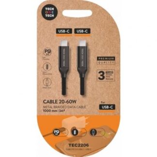 Cable USB 2.0 Tipo-C Tech One Tech TEC2206/ USB Tipo-C Macho - USB Tipo-C Macho/ Hasta 60W/ 480Mbps/ 1m/ Negro